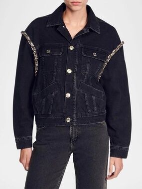 Sandro Paloma Embellished Denim Jacket - size 40 (Large)- NWT